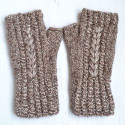 Fingerless gloves for woman, Sparkle mocha brown fingerless mittens, knit hand warmers