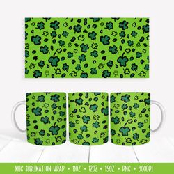 Green Shamrocks Leopard Mug Sublimation. St. Patricks Day Mug Wrap