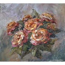 Yellow Red Roses Painting original Flower Art 8x9" hand painted oil art Impressionist artwork Signed by artist M.Chuchko
