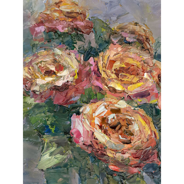 Roses on gray Oil Painting. Fragment of a close-up art.