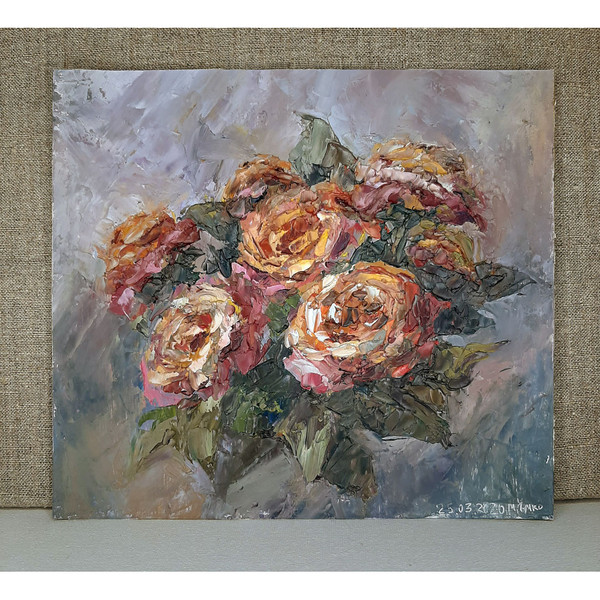 Flower bouquet on grayish blue. Original Oil artwork stands on canvas background.