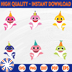 6 family sharks birthday character with friends svg,png,shark's friends svg, pink fong svg, family shark svg, dxf, eps