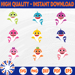 9 family sharks character svg,png,shark's friends svg, pink fong svg, family shark svg, dxf, eps files