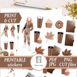 Autumn Fashion Planner Sticker Kit Printables, Fall Die Cuts, Journal Decorations, Coffee and Cake Scrapbooking Set