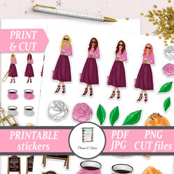 coffee and croissant sticker set, girl planner, bullet journal die cuts, happy planner decoration erin condren printable