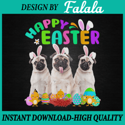 three pug wearing bunny ear png, pug lover happy easter png, easter png, digital download