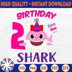 shark 2nd birthday svg, girl birthday shark svg dxf eps, girl second birthday clipart, two year old, baby, shark