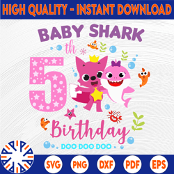shark 5th birthday svg, girl birthday shark svg dxf eps, girl fifth birthday clipart, five year old,baby,shark, 5th birt