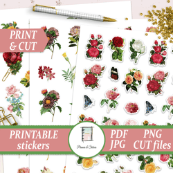 Printable Floral Stickers for Erin Condren, Happy Planner, Hobonichi, Bullet Journal, Small size, Vintage Flower Decals