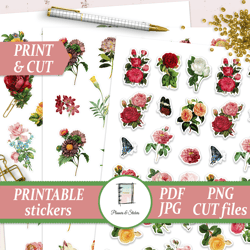 printable floral stickers for erin condren, happy planner, hobonichi, bullet journal, small size, vintage flower decals