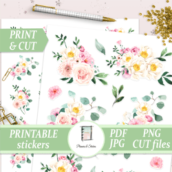 Watercolor Flower Bouquet Stickers, Roses and Peonies Printables, Wedding Decal, Summer Planning Kit, Penpal Supplies