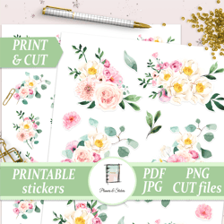 watercolor flower bouquet stickers, roses and peonies printables, wedding decal, summer planning kit, penpal supplies