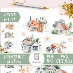Watercolor Home Sticker Sheet, House Die Cut, Scrapbook Decals, Diy Card Making Kit, Printable Journal, Digital Planner