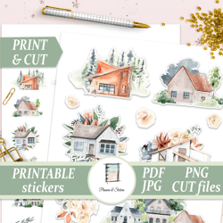 watercolor home sticker sheet, house die cut, scrapbook decals, diy card making kit, printable journal, digital planner