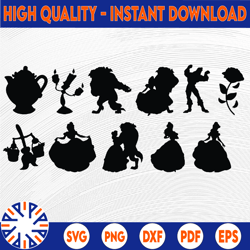 beauty and the beast svg cut files, instant download silhouettes, printable vector clip arts, beauty and the beast bundl
