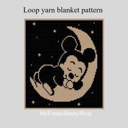 Loop yarn Finger knitted Mickey on the Moon blanket pattern PDF Download