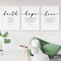 Faith Hope Love, Set of 3 Printable Wall Art, Modern Scripture Prints