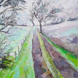 Original Winter Spring Landscape Painting Wall Art English Countryside Painting Green Path Impasto Canvas Painting