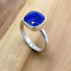 Lapis Lazuli Gemstone Ring, 925 Silver Handmade Ring, Faceted Cushion Shape Lapis Ring, Gift For Her SU1R1226