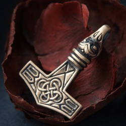 Thor Hammer pendant with raven head on leather cord. Replica. Viking mjolnir necklace. Scandinavian Bird jewelry