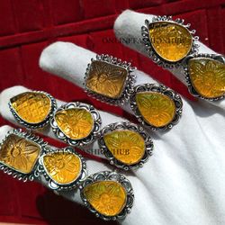 10 PCs Yellow Carving Glass Silver Plated Designer Rings, Wholesale Rings For HER, Handmade Trendy Rings Lot With Love