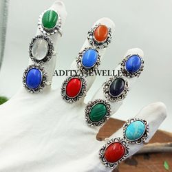 10 PCs Red Coral & Mix Gemstone Silver Plated Designer Rings, Wholesale Rings, Handmade Fashion Rings Lot Jewelry