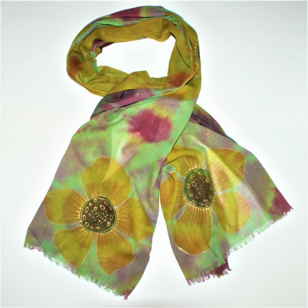 Green-yellow-hand-painted-womens-cotton-long-floral-scarf-batik.jpg