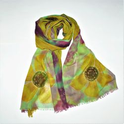 Hand Painted Floral Cotton Scarf - Long, Yellow & Green