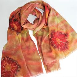 Hand Painted Floral Cotton Scarf with Orange Red Flowers - Long