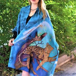 Buy Hand Painted Leopard Print Cotton Scarf - Blue Long Scarf