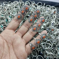 10 PCs Carnelian Gemstone Silver Plated Casting Rings, Wholesale Rings, Brass Plated Rings, Casting Boho Rings For Women