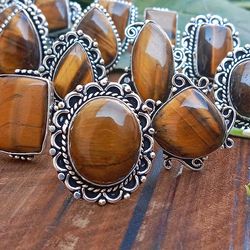 10 pcs tiger's eye gemstone silver plated designer rings, wholesale ring, brass plated rings, fashion rings for friend