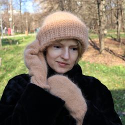 Winter hat and mittens for women, Angora fluffy set, Knit hat and arm warmers