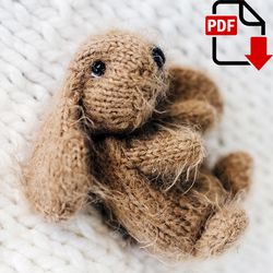 Tiny Lop bunny knitting pattern. Little knitted amigurumi rabbit step by step tutorial. DIY woodland animal.