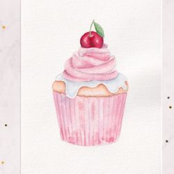 Cake painting dessert Cherry cake Berries Pink Whipped cream Original watercolor painting 5x7 painted postcard