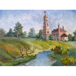 church painting christian architecture original art russian landscape artwork 6x8" by svetlana