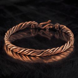Narrow wire wrapped pure copper bracelet for him or her Stranded wire bangle 7th Anniversary gift Unique artisan jewelry