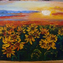 Yellow Sunflowers Field with Flowers Wall Art 5*7 inch Wildflowers Oil Painting
