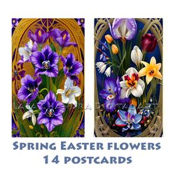 14 postcards Spring Easter flowers, scrapbook Printable , journaling, decoupage paper, Instant download, flower clipart,