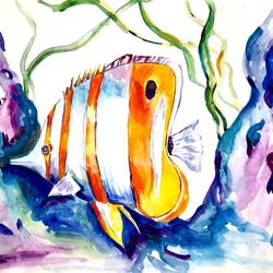 fish, fish, underwater world, watercolor, on paper, illustration, poster, painting for children, gift