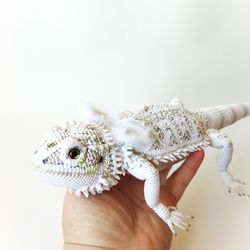 White agama, bearded dragon. Crocheted interior soft lizard figurine. Reptile bearded dragon doll crocheted. Morph agama