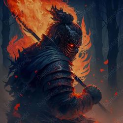 Art Illustration ,Warrior With Katana in the Heat of Battle, Jpg Image