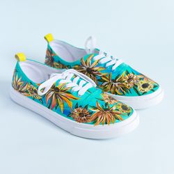 Van Gogh Sunflowers Custom Sneakers, Hand Painted turquoise Floral Canvas Shoes, Personalized Gift for women, Flowers