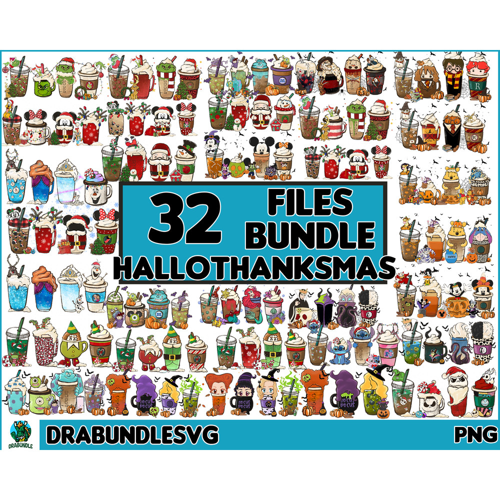 30 Hallothanksmas Coffee Bundle Png, Halloween Fall Christmas Bundle, Fall Coffee Png, Halloween Coffee Png, Christmas Coffee , Hand Drawn Instant Download.jpg
