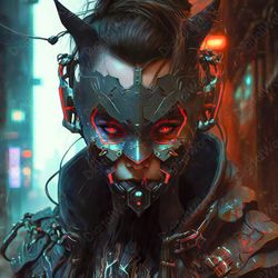 Art Illustration, Oni Mask Girl, Cyber Punk Style, With Red Eyes
