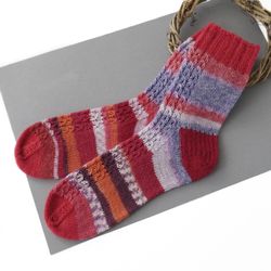 Red wool socks for women.Winter socks.  Striped socks. Gift for her.