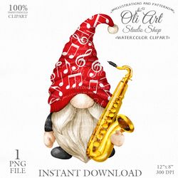 Gnome Saxophonist Clip Art. Jazz. Cute Characters, Hand Drawn graphics. Digital Download. OliArtStudioShop