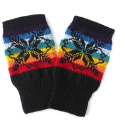 Wool fingerless gloves hand knitted Norwegian gloves for men black rainbow fingerless mittens Christmas gift for Him