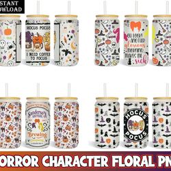 hocus pocus characters floral png designs, 16oz libbey glass can tumbler, sublimation designs for wraping digital instan