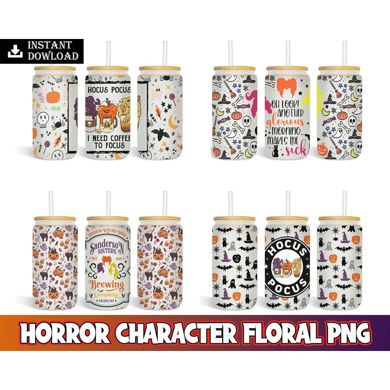 Hocus Pocus characters floral PNG designs, 16oz Libbey glass can tumbler, Sublimation Designs for wraping Digital Instant Download.jpg